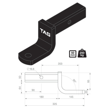 TAG Tow Ball Mount - 203mm Long, 90° Face, 50mm Square Hitch - Brixton 4x4 - Buy Online Now!
